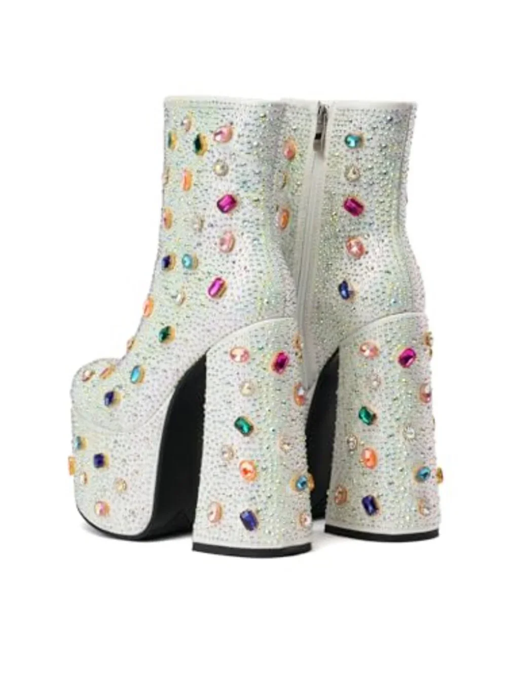 Rhinestone Platform Ankle Boots with Chunky Heel, Round Toe for Party &